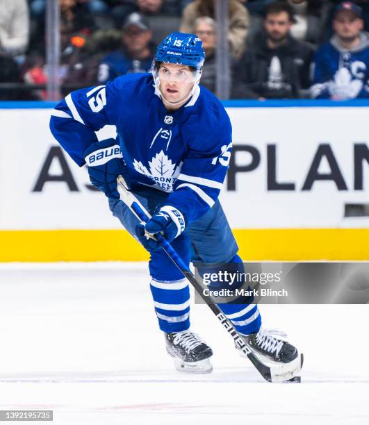 Alexander Kerfoot of the Toronto Maple Leafs skates against the New York Islanders during the first period at the Scotiabank Arena on April 17, 2022...