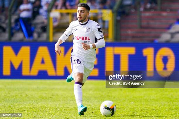 Anouar Ait El Hadj of RSC Anderlecht runs with the ball during the Croky Cup Final match between KAA Gent and RSC Anderlecht at the Koning...