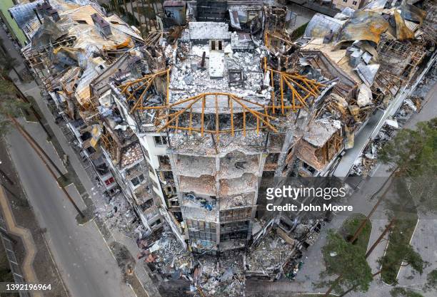 Destroyed structures stand on April 18, 2022 in Irpin, Ukraine. The Kyiv suburb was heavily damaged in fighting between invading Russian forces and...