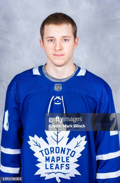 Nicholas Abruzzese of the Toronto Maple Leafs poses for his official headshot for the 2021-2022 season at the Scotiabank Arena on April 17, 2022 in...