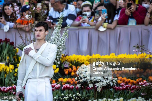 Italian singer Blanco performs during a meeting between Pope Francis and catholic teenagers in St Peter's Square at the Vatican, on April 18, 2022 in...