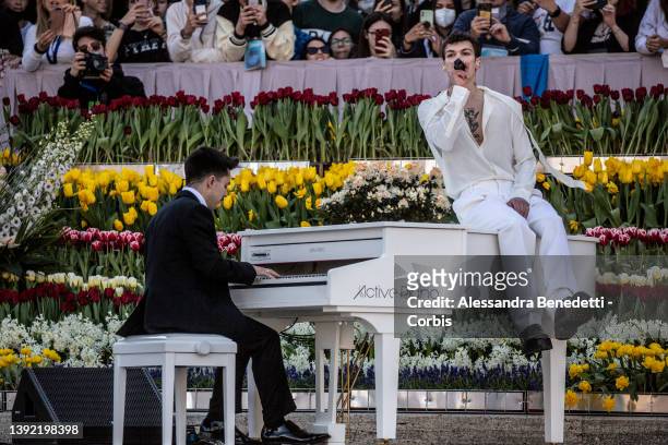 Italian singer Blanco performs during a meeting between Pope Francis and catholic teenagers in St Peter's Square at the Vatican, on April 18, 2022 in...