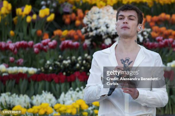 Italian singer Blanco performs during a meeting between Pope Francis and Catholic teenagers in St Peter's Square at the Vatican, on April 18, 2022 in...