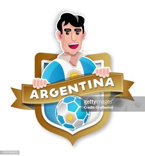 flat design illustration soccer player argentina with badge and national flag - argentina football stock illustrations