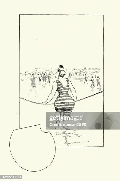 vintage victorian cartoon, woman wearing striped bathing suit at sea side, 1890s, 19th century - victorian woman stock illustrations