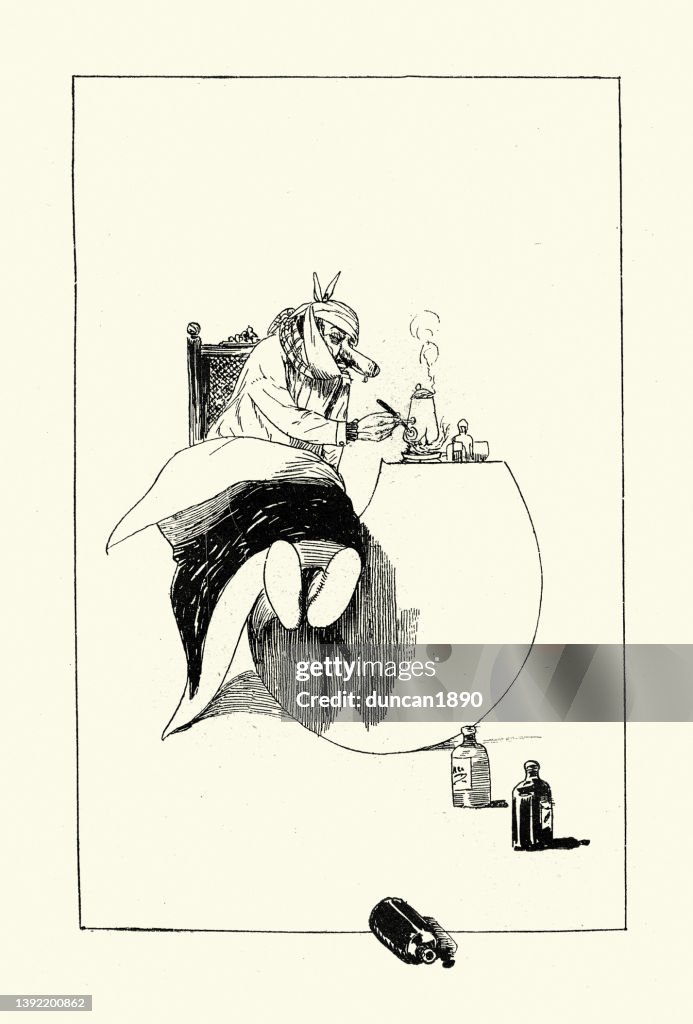 Vintage Victorian cartoon, man suffering from flu, blocked nose, Homemade cold medicine remedy, 19th Century