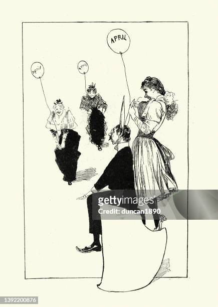 illustrations, cliparts, dessins animés et icônes de dessin animé victorien vintage, fille jouant le poisson d’avril farce sur un homme, ballon, oreilles de lapin, 19ème siècle - april fool