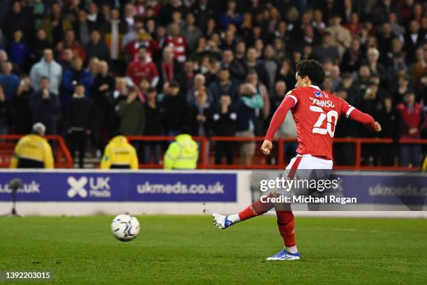 Brennan Johnson of Nottingham Forest scores their side's first goal from a penalty during the Sky Bet Championship match between Nottingham Forest...