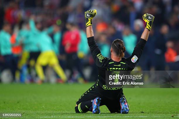 Jeremias Ledesma of Cadiz celebrates their side's win after the final whistle of the LaLiga Santander match between FC Barcelona and Cadiz CF at Camp...