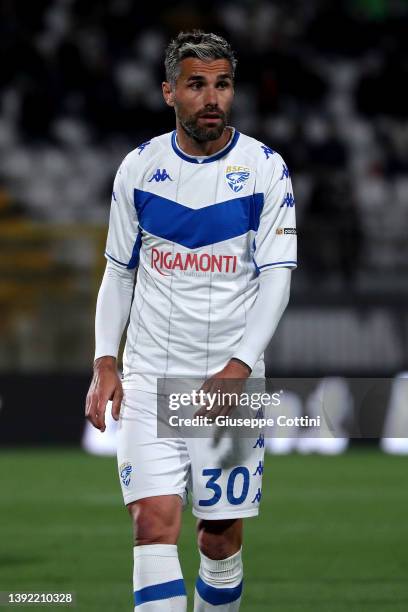 Valon Behrami of Brescia Calcio looks on during the Serie B match between AC Monza and Brescia Calcio at Stadio Brianteo on April 18, 2022 in Monza,...