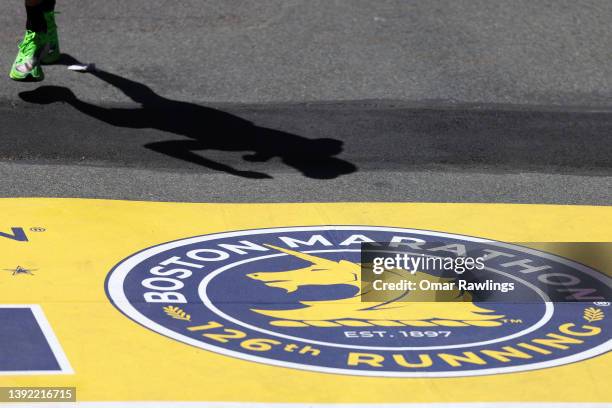 Detailed view of the Boston Marathon finish line during the 126th Boston Marathon on April 18, 2022 in Boston, Massachusetts.