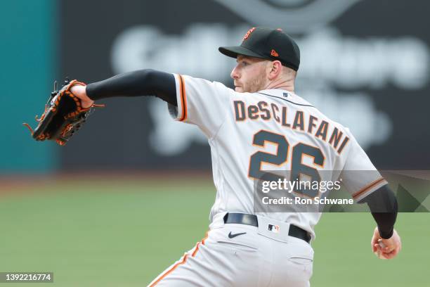 Anthony DeSclafani of the San Francisco Giants pitches against the Cleveland Guardians during the first inning at Progressive Field on April 16, 2022...