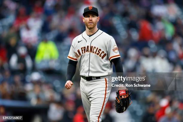 Anthony DeSclafani of the San Francisco Giants walks to the dugout during the fifth inning against the Cleveland Guardians at Progressive Field on...