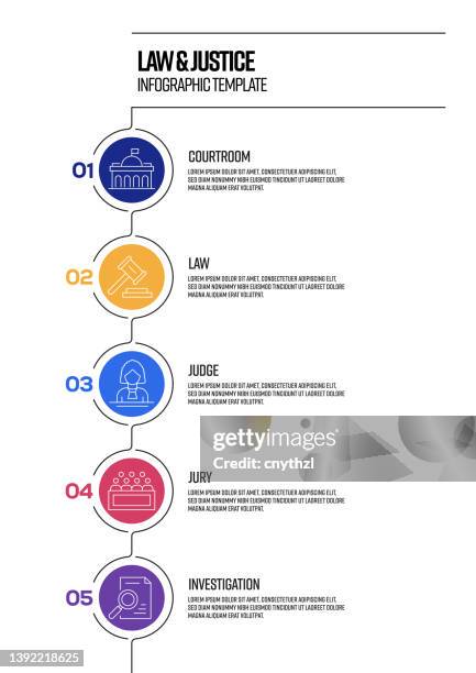 stockillustraties, clipart, cartoons en iconen met law and justice concept vector line infographic design with icons. 5 options or steps for presentation, banner, workflow layout, flow chart etc. - justice concept