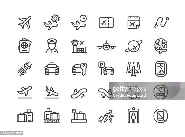 airport line icons editable stroke - sicherheitsgurt teil eines fahrzeugs stock-grafiken, -clipart, -cartoons und -symbole