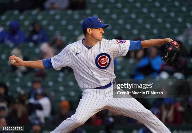 Kyle Hendricks of the Chicago Cubs throws a pitch during the first inning of a game against the Tampa Bay Rays at Wrigley Field on April 18, 2022 in...