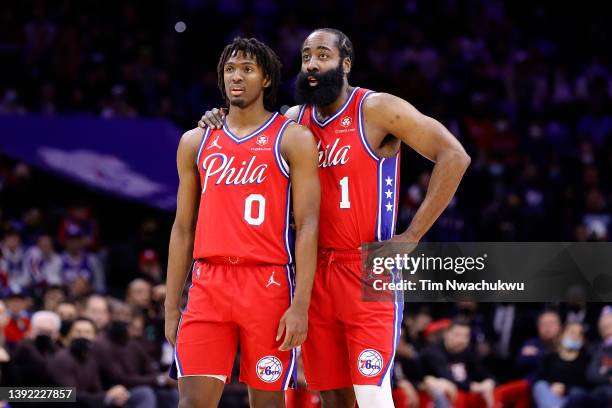 Tyrese Maxey and James Harden of the Philadelphia 76ers talk during the first quarter against the Toronto Raptors in Game Two of the Eastern...