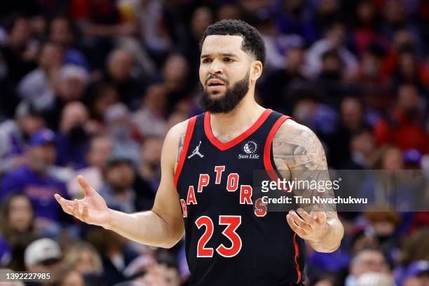 Fred VanVleet of the Toronto Raptors reacts during the first quarter against the Philadelphia 76ers during Game Two of the Eastern Conference First...