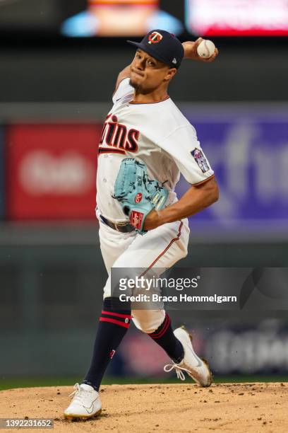Chris Archer of the Minnesota Twins pitches against the Los Angeles Dodgers on April 12, 2022 at Target Field in Minneapolis, Minnesota.