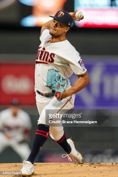 Chris Archer of the Minnesota Twins pitches against the Los Angeles Dodgers on April 12, 2022 at Target Field in Minneapolis, Minnesota.