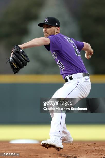 Starting pitcher Chad Kuhl of the Colorado Rockies throws against the Philadelphia Phillies in the first inning at Coors Field on April 18, 2022 in...