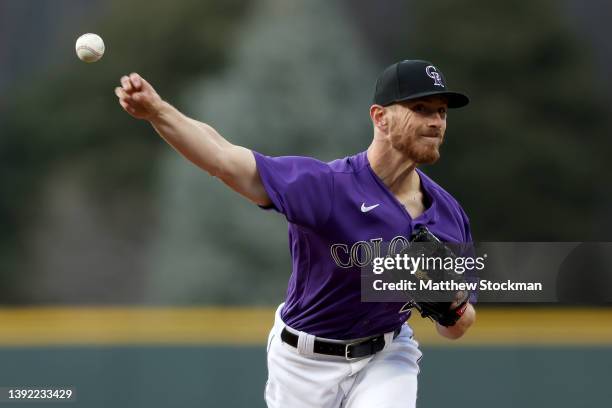Starting pitcher Chad Kuhl of the Colorado Rockies throws against the Philadelphia Phillies in the first inning at Coors Field on April 18, 2022 in...