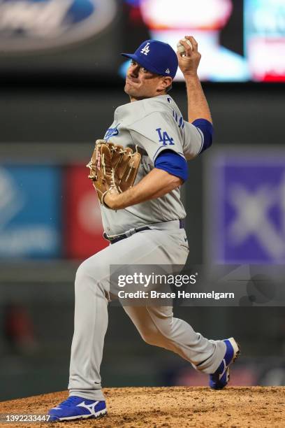 Daniel Hudson of the Los Angeles Dodgers pitches against the Minnesota Twins on April 12, 2022 at Target Field in Minneapolis, Minnesota.