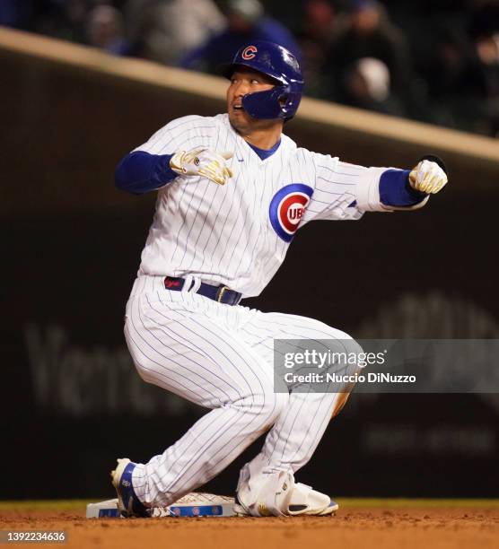 Seiya Suzuki of the Chicago Cubs reacts after being tagged out by Brandon Lowe of the Tampa Bay Rays Rays during the fourth inning of a game at...