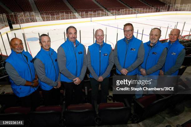 Grant Fuhr, Guy Carbonneau, John LeClair, Craig Patrick, Larry Murphy, Bryan Trottier, and Joe Mullen pose for a portrait before a 3ICE Hockey Open...