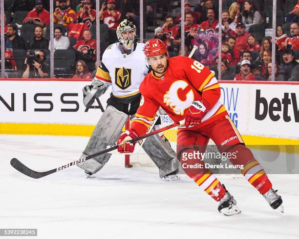 Ryan Carpenter of the Calgary Flames in action against the Vegas Golden Knights during an NHL game at Scotiabank Saddledome on April 14, 2022 in...