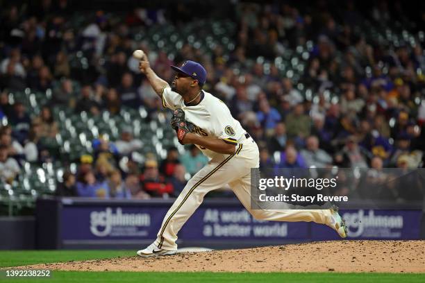 Jandel Gustave of the Milwaukee Brewers throws a pitch during the seventh inning against the Pittsburgh Pirates at American Family Field on April 18,...