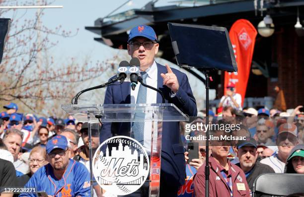 New York Mets owner Steven A. Cohen speaks at the Tom Seaver statue unveiling ceremony before a game against the Arizona Diamondbacks at Citi Field...