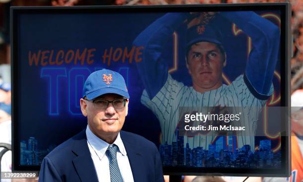 New York Mets owner Steven A. Cohen attends the Tom Seaver statue unveiling ceremony before a game against the Arizona Diamondbacks at Citi Field on...