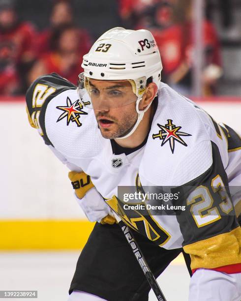 Alec Martinez of the Vegas Golden Knights in action against the Calgary Flames during an NHL game at Scotiabank Saddledome on April 14, 2022 in...