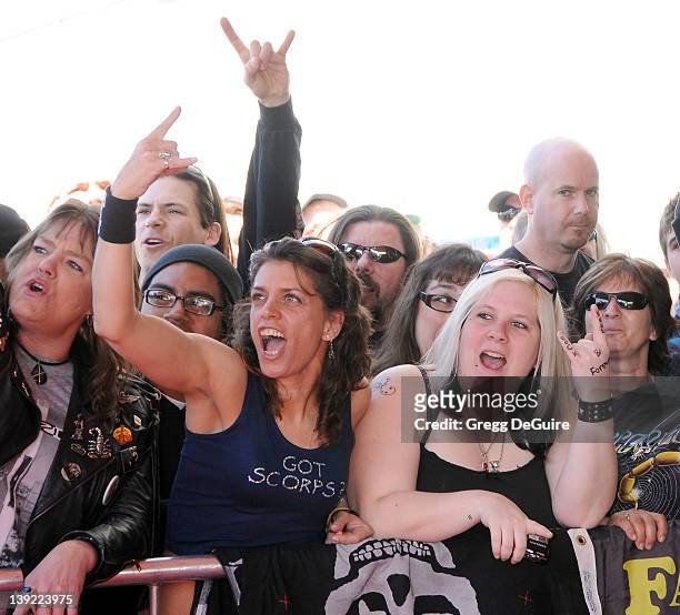 Scorpion fans wait to see the band at their induction ceremony into Hollywood's RockWalk at the Guitar Center on April 6, 2010 in Hollywood,...