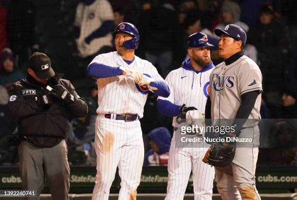 Seiya Suzuki of the Chicago Cubs reacts after a single during the eighth inning of a game against the Tampa Bay Rays at Wrigley Field on April 18,...