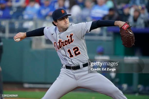 Casey Mize of the Detroit Tigers throws in the first inning against the Kansas City Royals at Kauffman Stadium on April 14 in Kansas City, Missouri.