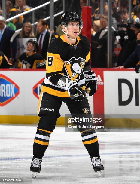 Evan Rodrigues of the Pittsburgh Penguins skates against the Nashville Predators at PPG PAINTS Arena on April 10, 2022 in Pittsburgh, Pennsylvania.