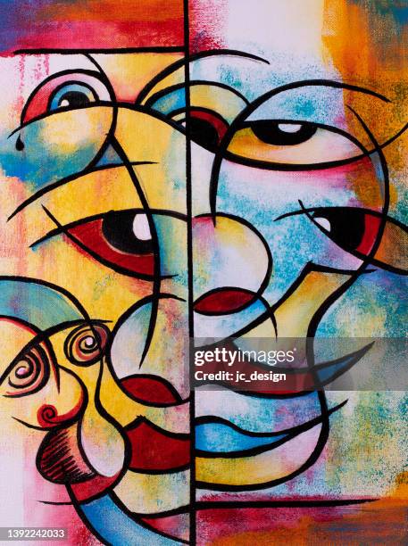 stockillustraties, clipart, cartoons en iconen met colorful abstract painting of faces and eyes - hysteria