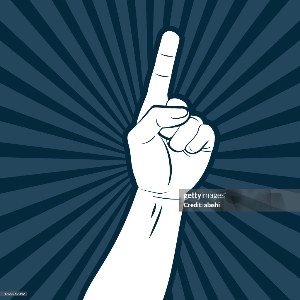 Pointing upwards with the index finger, a propaganda poster with comics effects lines in the background