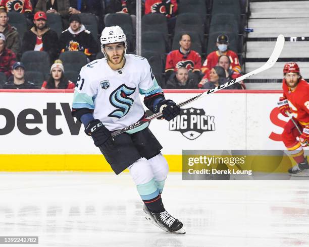 Alexander Wennberg of the Seattle Kraken in action against the Calgary Flames during an NHL game at Scotiabank Saddledome on April 12, 2022 in...