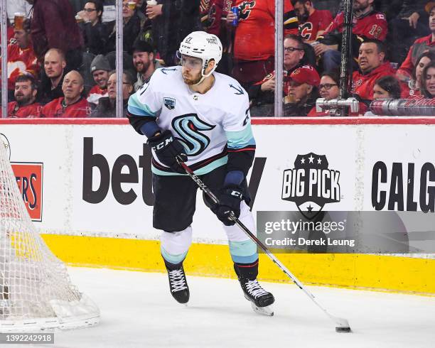 Alexander Wennberg of the Seattle Kraken in action against the Calgary Flames during an NHL game at Scotiabank Saddledome on April 12, 2022 in...