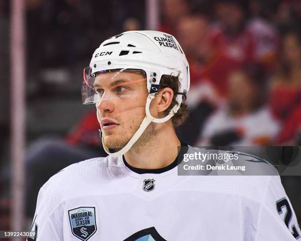 Jamie Oleksiak of the Seattle Kraken in action against the Calgary Flames during an NHL game at Scotiabank Saddledome on April 12, 2022 in Calgary,...