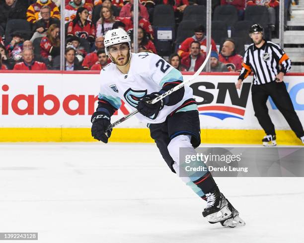 Alexander Wennberg of the Seattle Kraken in action against the Calgary Flames during an NHL game at Scotiabank Saddledome on April 12, 2022 in...