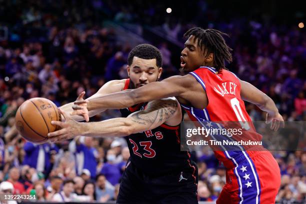 Tyrese Maxey of the Philadelphia 76ers guards Fred VanVleet of the Toronto Raptors during the second quarter of Game Two of the Eastern Conference...