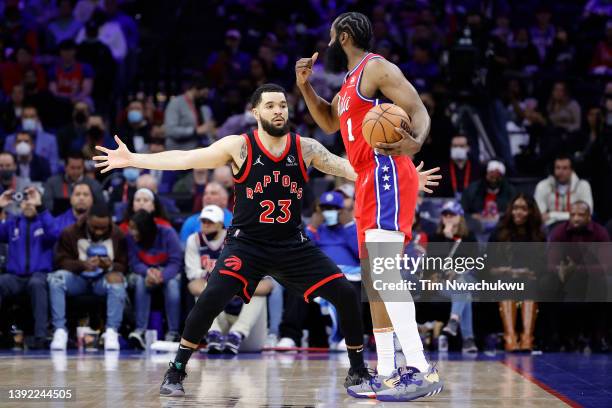 Fred VanVleet of the Toronto Raptors guards James Harden of the Philadelphia 76ers during the fourth quarter of Game Two of the Eastern Conference...