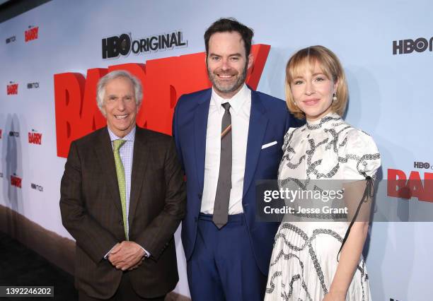 Henry Winkler, Bill Hader and Sarah Goldberg attend the season 3 premiere of HBO's "Barry" at Rolling Greens on April 18, 2022 in Culver City,...