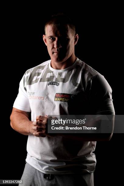 Paul Gallen poses for a portrait following the King of the Castle press conference at NEP Studios on April 19, 2022 in Sydney, Australia.