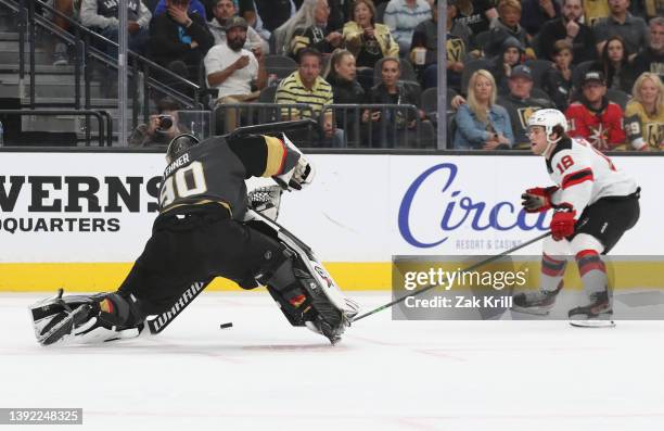 Robin Lehner of the Vegas Golden Knights clears the puck during the first period of a game against the New Jersey Devils at T-Mobile Arena on April...