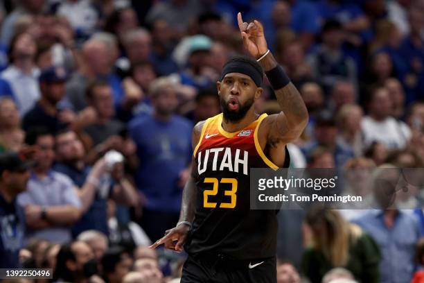Royce O'Neale of the Utah Jazz reacts after scoring against the Dallas Mavericks in the fourth quarter of Game Two of the Western Conference First...